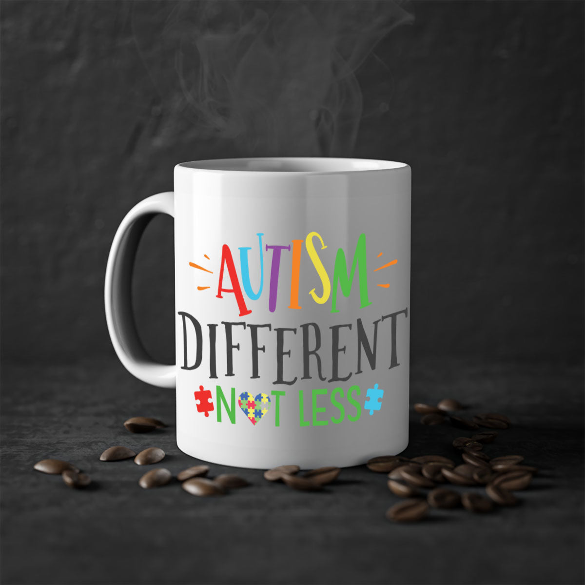 A stylish two-tone autism different not less mug with a glossy finish, featuring a colored handle and interior, available in multiple colors.