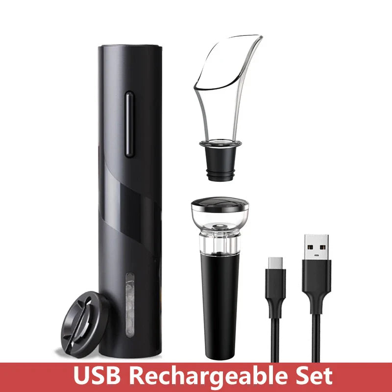 Automatic Electric Wine Opener in sleek black design with USB rechargeable feature, perfect for opening wine bottles effortlessly.