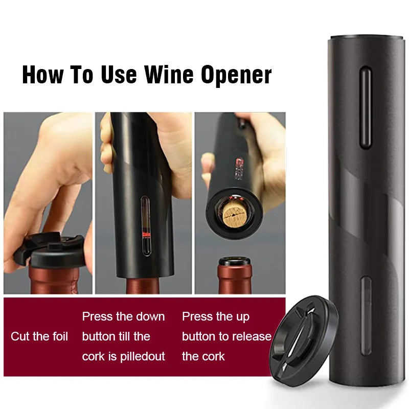 Automatic Electric Wine Opener in sleek black design with USB rechargeable feature, perfect for opening wine bottles effortlessly.