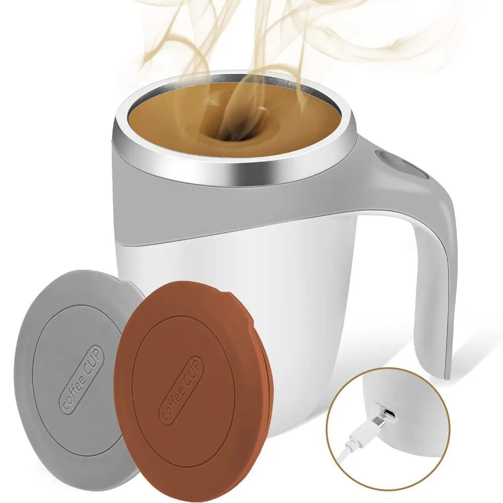 A sleek Automatic Stirring Magnetic Mug in white, featuring a rechargeable design and a magnetic base for easy storage.