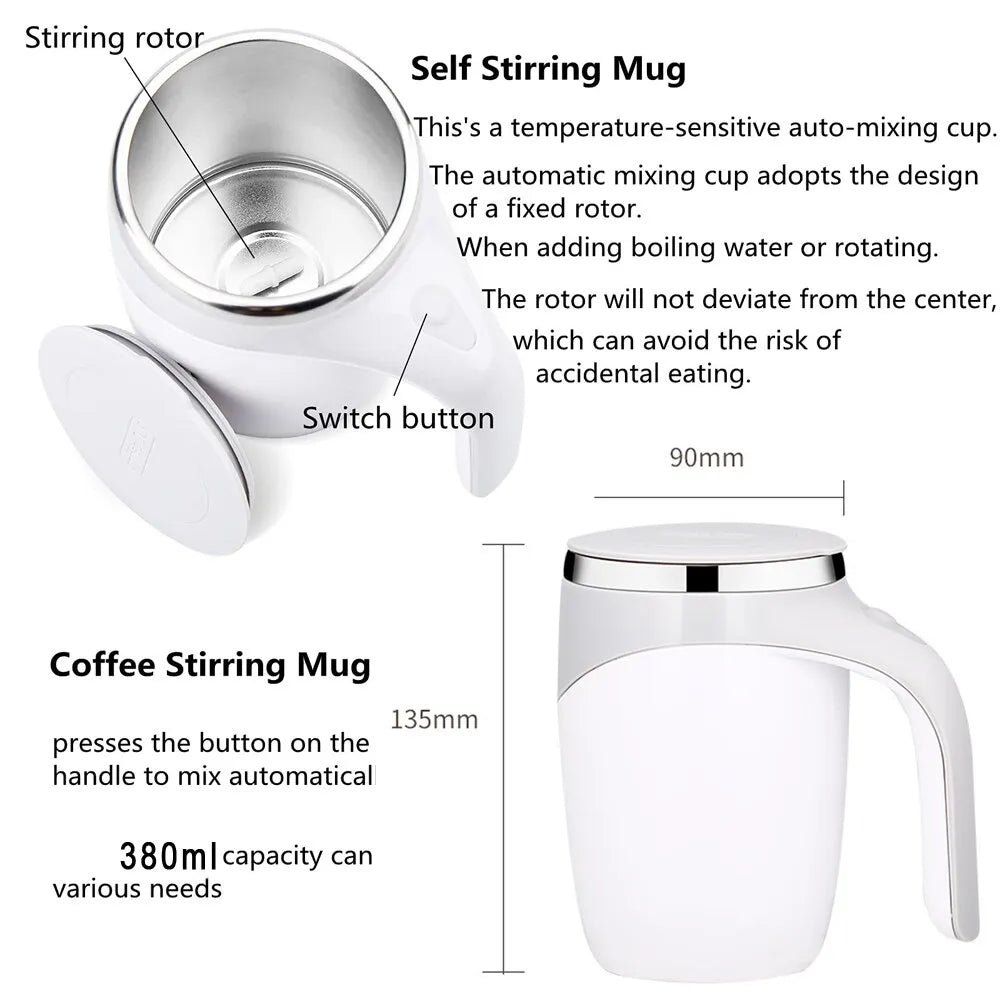 A sleek Automatic Stirring Magnetic Mug in white, featuring a rechargeable design and a magnetic base for easy storage.