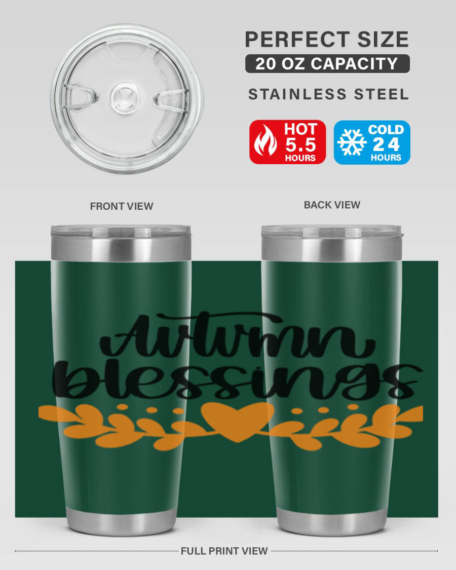 Autumn Blessings 472# 20oz tumbler featuring a double wall vacuum design, copper lining, and a drink-thru lid, perfect for hot and cold beverages.