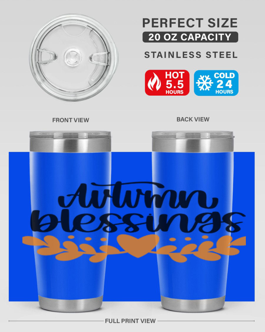 Autumn Blessings 472# 20oz tumbler featuring a double wall vacuum design, copper lining, and a drink-thru lid, perfect for hot and cold beverages.