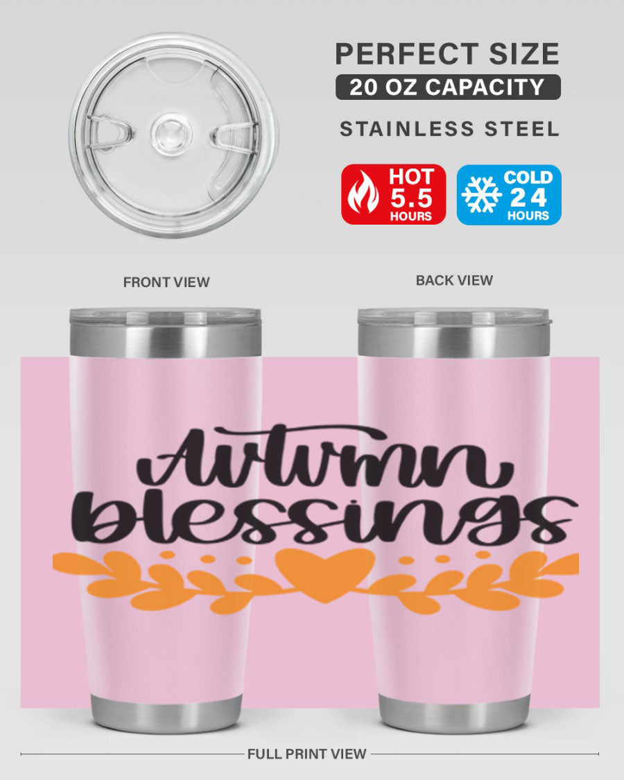 Autumn Blessings 472# 20oz tumbler featuring a double wall vacuum design, copper lining, and a drink-thru lid, perfect for hot and cold beverages.