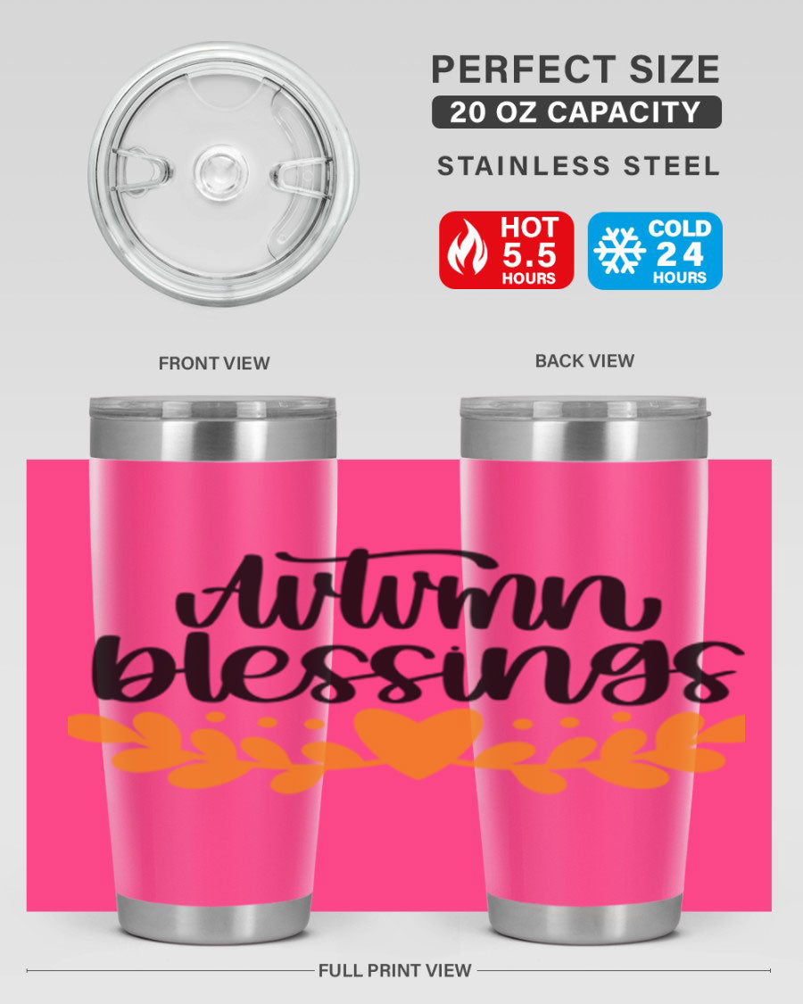 Autumn Blessings 472# 20oz tumbler featuring a double wall vacuum design, copper lining, and a drink-thru lid, perfect for hot and cold beverages.