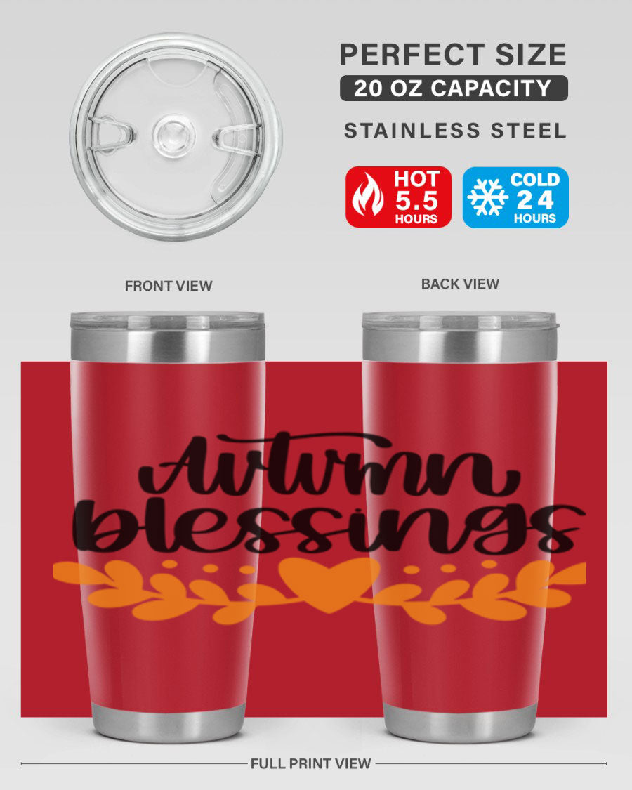 Autumn Blessings 472# 20oz tumbler featuring a double wall vacuum design, copper lining, and a drink-thru lid, perfect for hot and cold beverages.