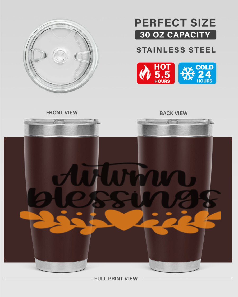 Autumn Blessings 472# 20oz tumbler featuring a double wall vacuum design, copper lining, and a drink-thru lid, perfect for hot and cold beverages.