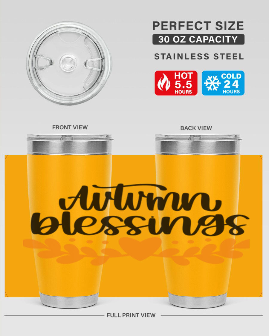 Autumn Blessings 472# 20oz tumbler featuring a double wall vacuum design, copper lining, and a drink-thru lid, perfect for hot and cold beverages.