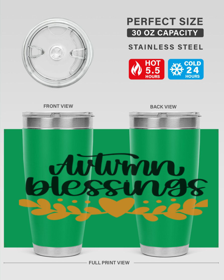 Autumn Blessings 472# 20oz tumbler featuring a double wall vacuum design, copper lining, and a drink-thru lid, perfect for hot and cold beverages.