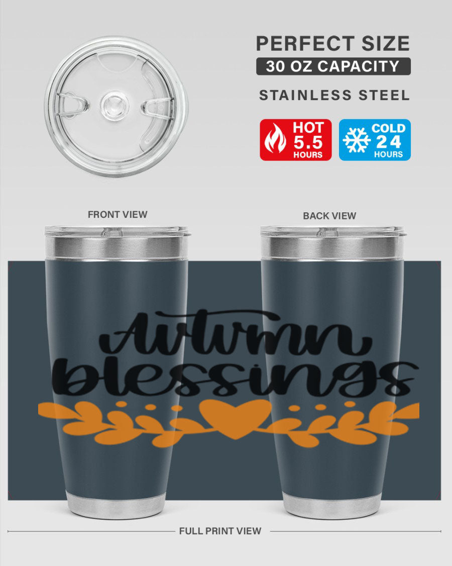 Autumn Blessings 472# 20oz tumbler featuring a double wall vacuum design, copper lining, and a drink-thru lid, perfect for hot and cold beverages.