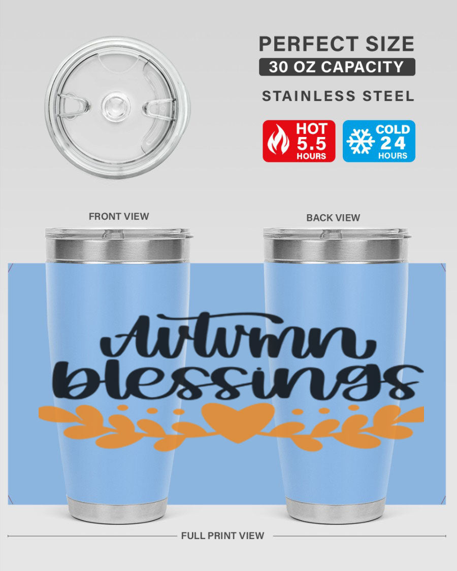 Autumn Blessings 472# 20oz tumbler featuring a double wall vacuum design, copper lining, and a drink-thru lid, perfect for hot and cold beverages.