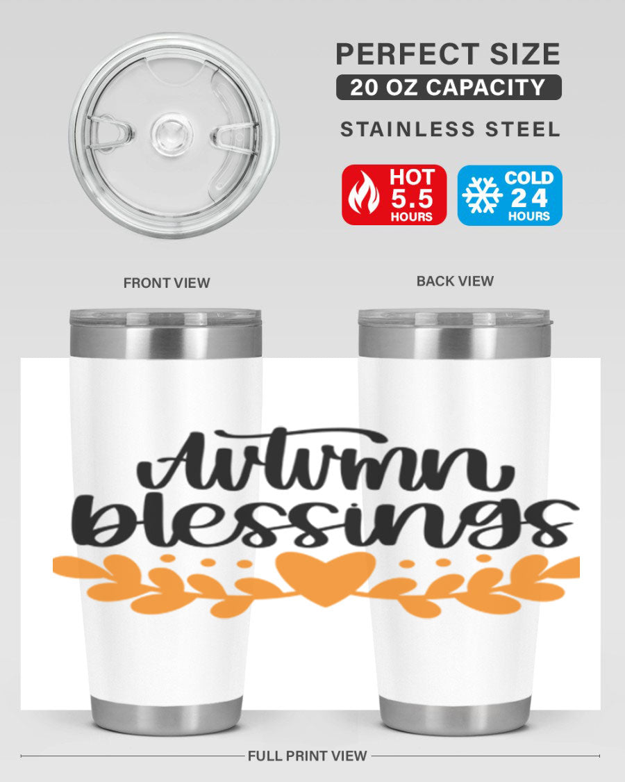 Autumn Blessings 472# 20oz tumbler featuring a double wall vacuum design, copper lining, and a drink-thru lid, perfect for hot and cold beverages.