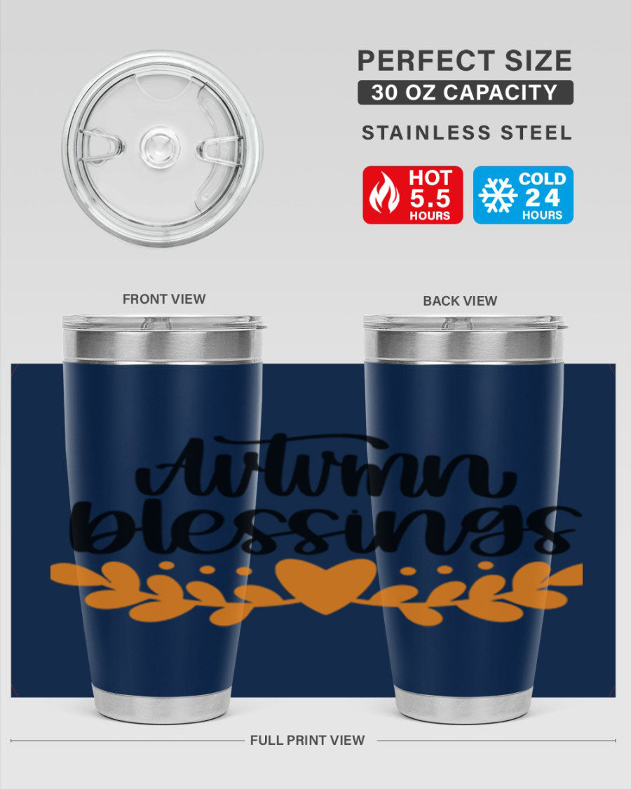 Autumn Blessings 472# 20oz tumbler featuring a double wall vacuum design, copper lining, and a drink-thru lid, perfect for hot and cold beverages.