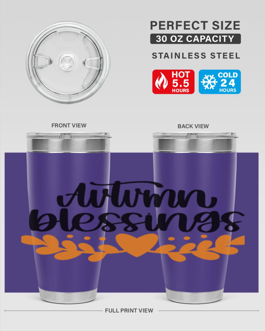 Autumn Blessings 472# 20oz tumbler featuring a double wall vacuum design, copper lining, and a drink-thru lid, perfect for hot and cold beverages.