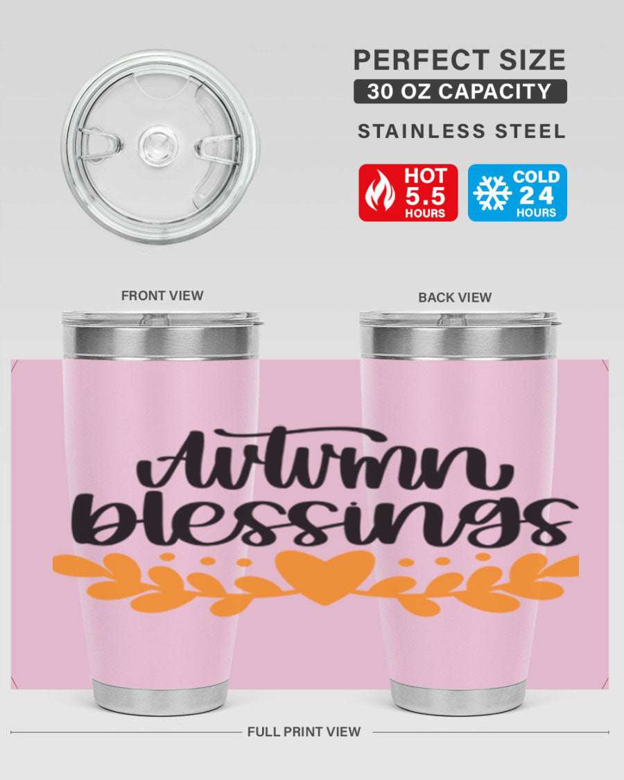 Autumn Blessings 472# 20oz tumbler featuring a double wall vacuum design, copper lining, and a drink-thru lid, perfect for hot and cold beverages.