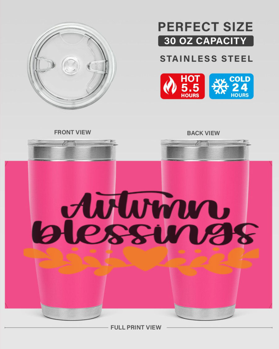 Autumn Blessings 472# 20oz tumbler featuring a double wall vacuum design, copper lining, and a drink-thru lid, perfect for hot and cold beverages.