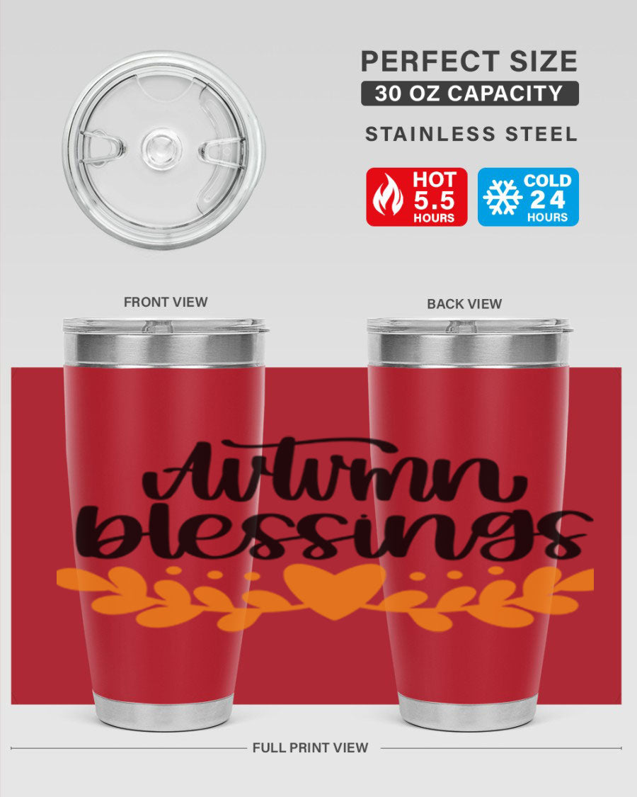 Autumn Blessings 472# 20oz tumbler featuring a double wall vacuum design, copper lining, and a drink-thru lid, perfect for hot and cold beverages.