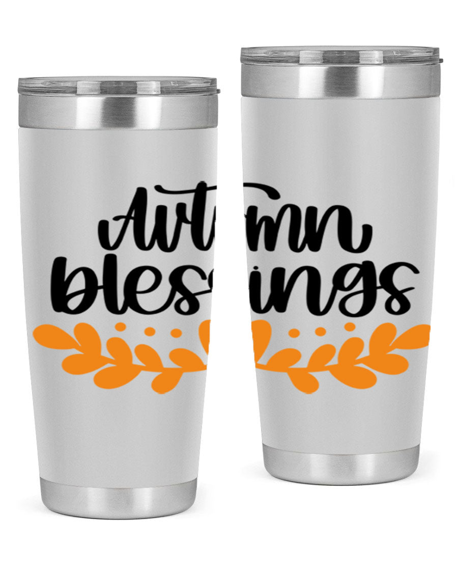 Autumn Blessings 472# 20oz tumbler featuring a double wall vacuum design, copper lining, and a drink-thru lid, perfect for hot and cold beverages.