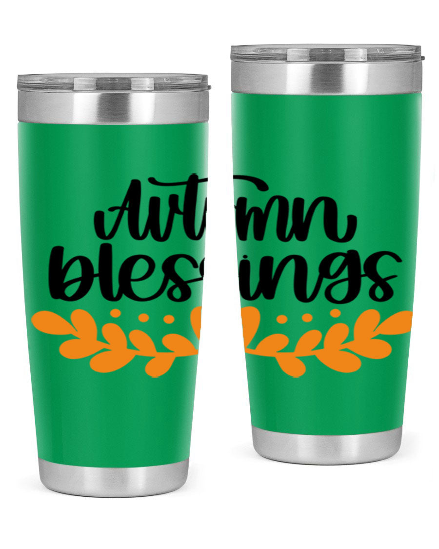 Autumn Blessings 472# 20oz tumbler featuring a double wall vacuum design, copper lining, and a drink-thru lid, perfect for hot and cold beverages.