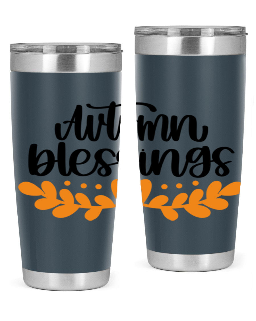 Autumn Blessings 472# 20oz tumbler featuring a double wall vacuum design, copper lining, and a drink-thru lid, perfect for hot and cold beverages.