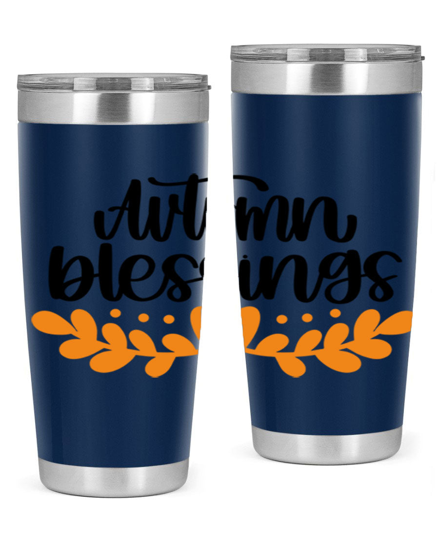 Autumn Blessings 472# 20oz tumbler featuring a double wall vacuum design, copper lining, and a drink-thru lid, perfect for hot and cold beverages.