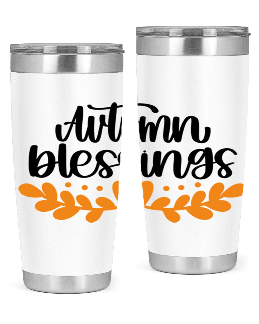 Autumn Blessings 472# 20oz tumbler featuring a double wall vacuum design, copper lining, and a drink-thru lid, perfect for hot and cold beverages.