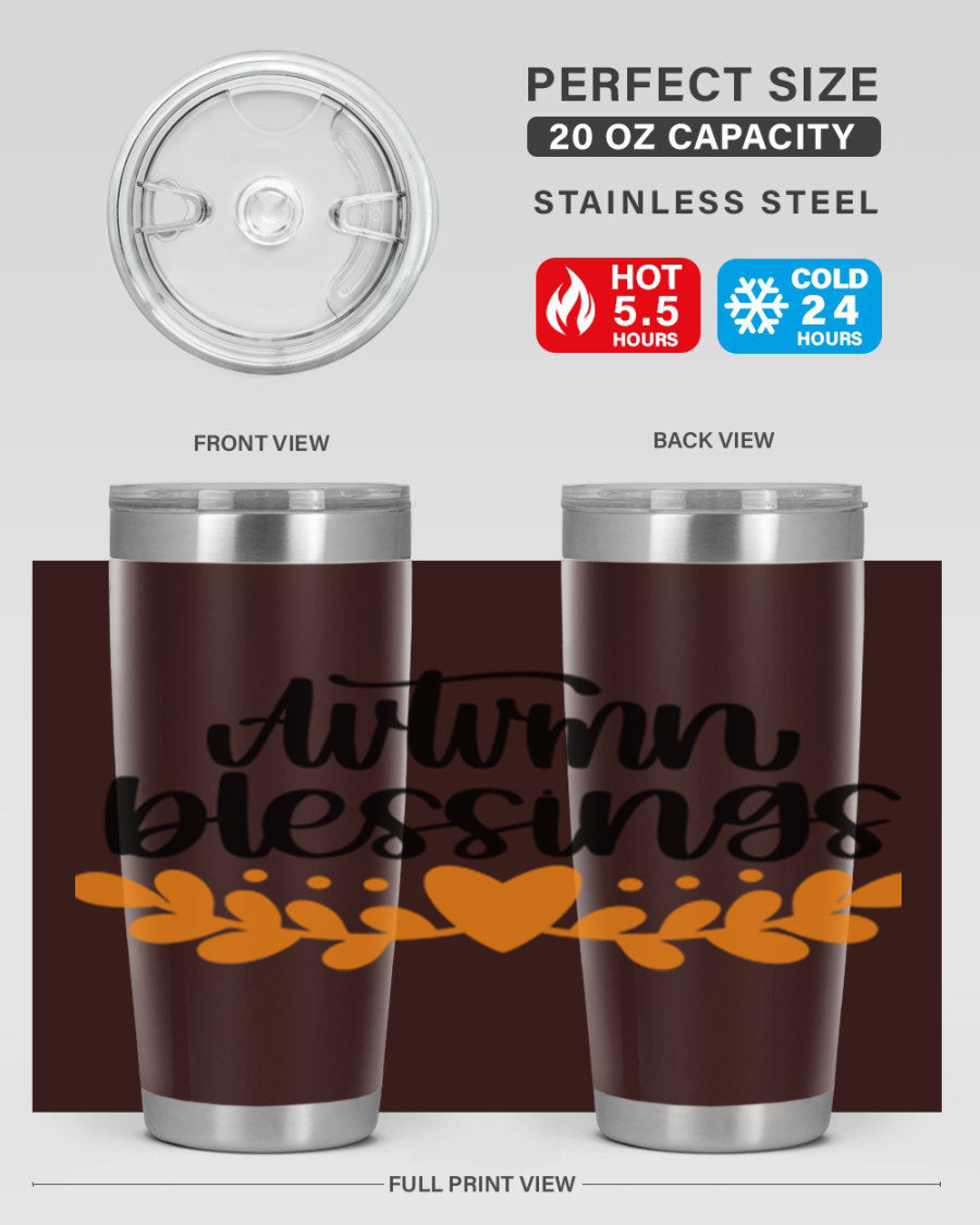 Autumn Blessings 472# 20oz tumbler featuring a double wall vacuum design, copper lining, and a drink-thru lid, perfect for hot and cold beverages.