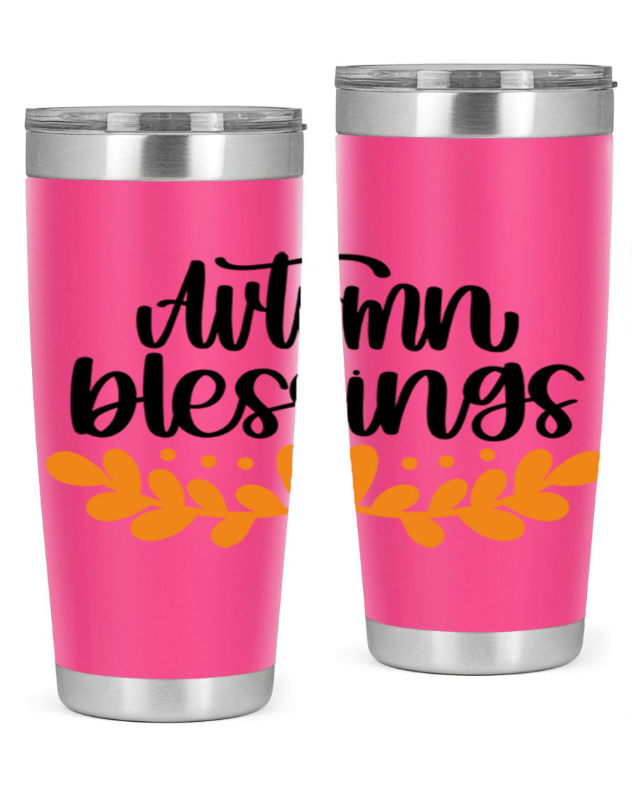 Autumn Blessings 472# 20oz tumbler featuring a double wall vacuum design, copper lining, and a drink-thru lid, perfect for hot and cold beverages.