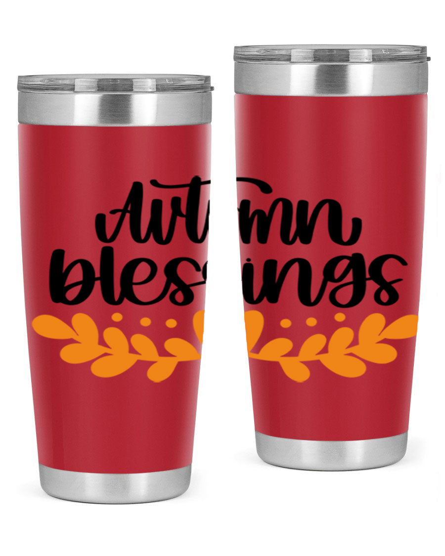 Autumn Blessings 472# 20oz tumbler featuring a double wall vacuum design, copper lining, and a drink-thru lid, perfect for hot and cold beverages.