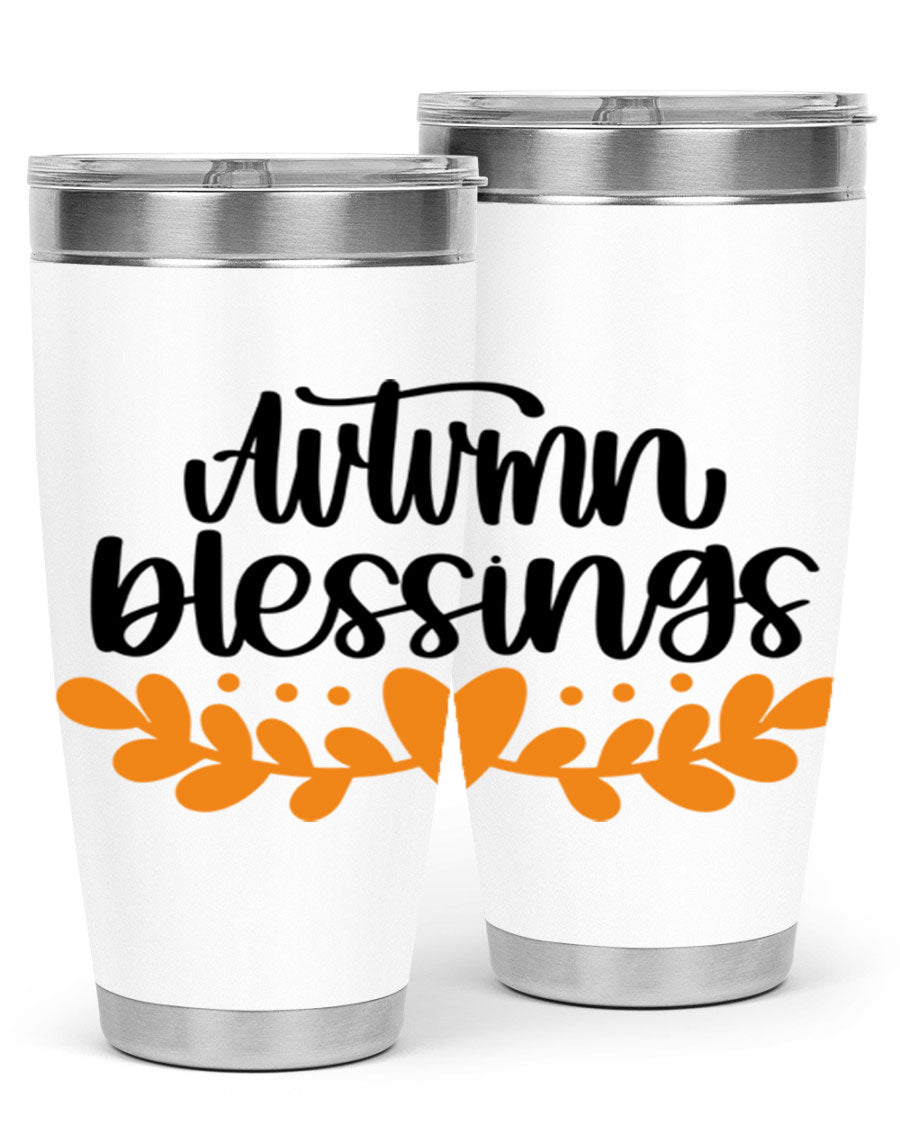 Autumn Blessings 472# 20oz tumbler featuring a double wall vacuum design, copper lining, and a drink-thru lid, perfect for hot and cold beverages.