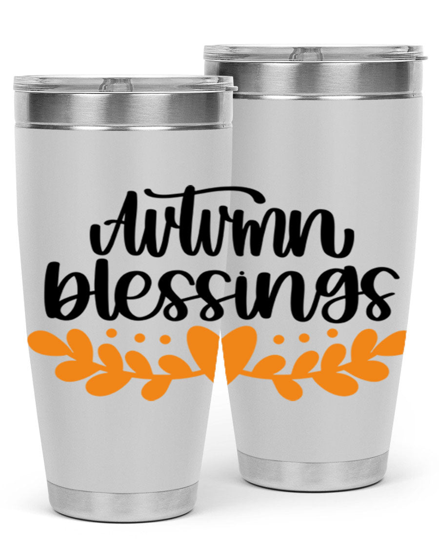 Autumn Blessings 472# 20oz tumbler featuring a double wall vacuum design, copper lining, and a drink-thru lid, perfect for hot and cold beverages.