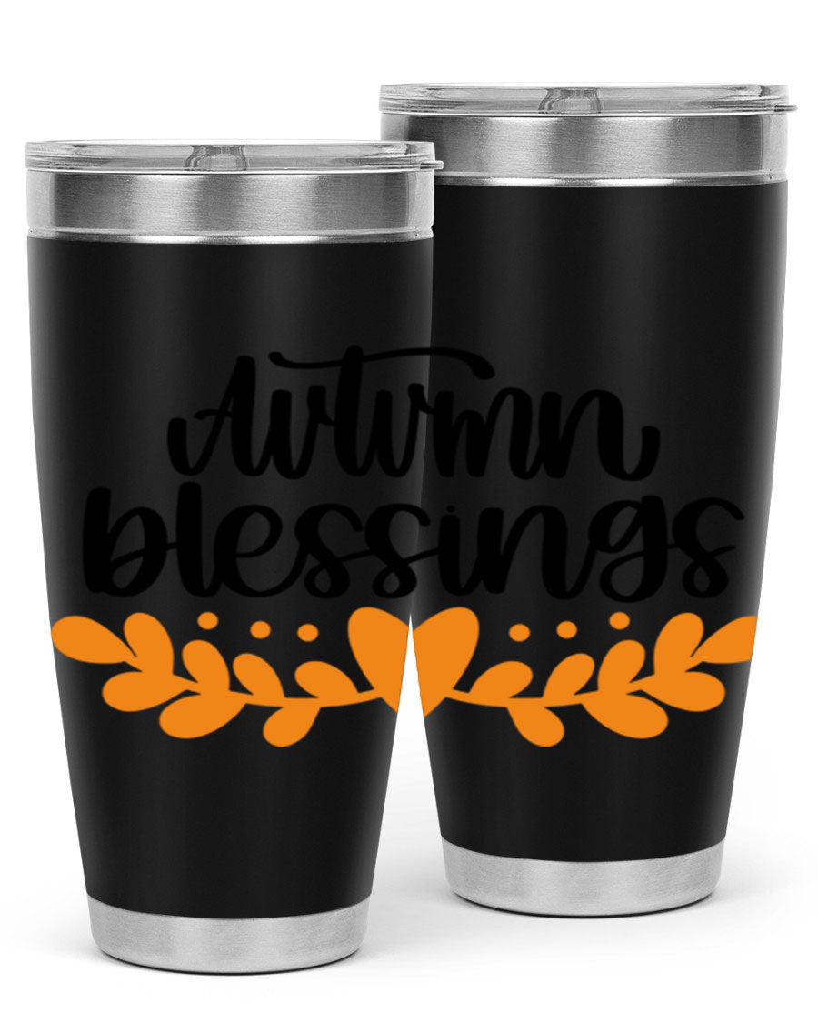 Autumn Blessings 472# 20oz tumbler featuring a double wall vacuum design, copper lining, and a drink-thru lid, perfect for hot and cold beverages.