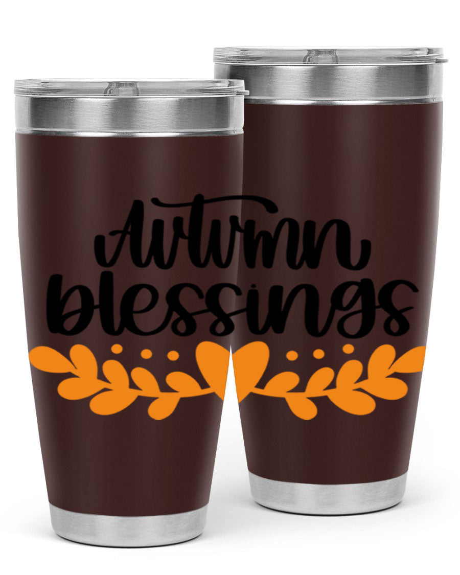 Autumn Blessings 472# 20oz tumbler featuring a double wall vacuum design, copper lining, and a drink-thru lid, perfect for hot and cold beverages.