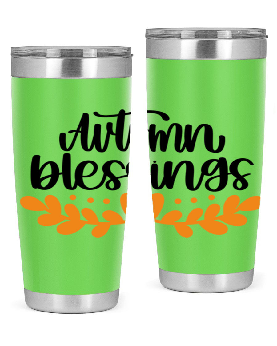 Autumn Blessings 472# 20oz tumbler featuring a double wall vacuum design, copper lining, and a drink-thru lid, perfect for hot and cold beverages.