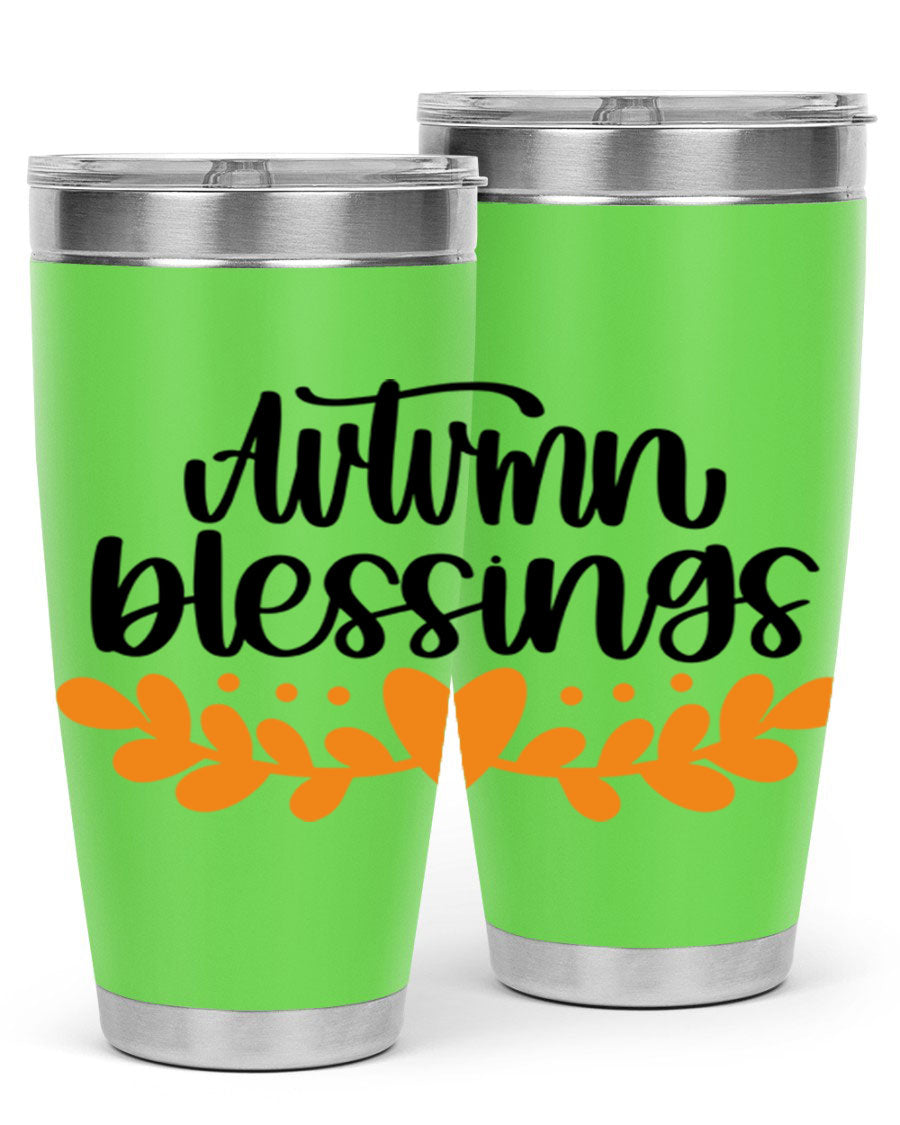 Autumn Blessings 472# 20oz tumbler featuring a double wall vacuum design, copper lining, and a drink-thru lid, perfect for hot and cold beverages.