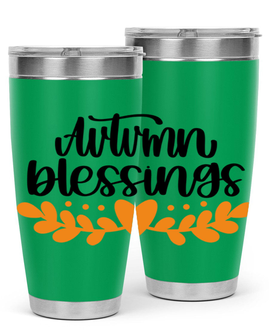 Autumn Blessings 472# 20oz tumbler featuring a double wall vacuum design, copper lining, and a drink-thru lid, perfect for hot and cold beverages.