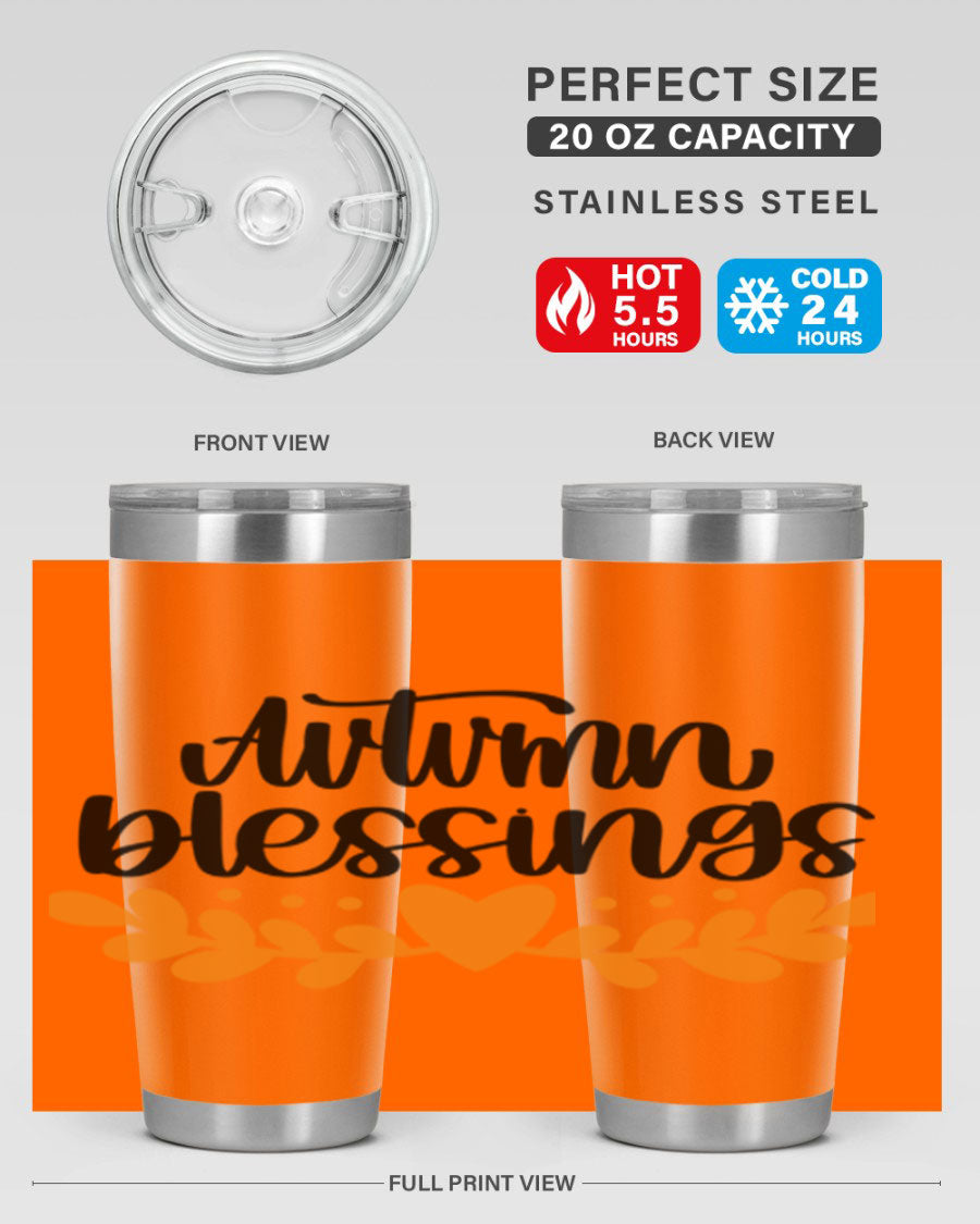 Autumn Blessings 472# 20oz tumbler featuring a double wall vacuum design, copper lining, and a drink-thru lid, perfect for hot and cold beverages.