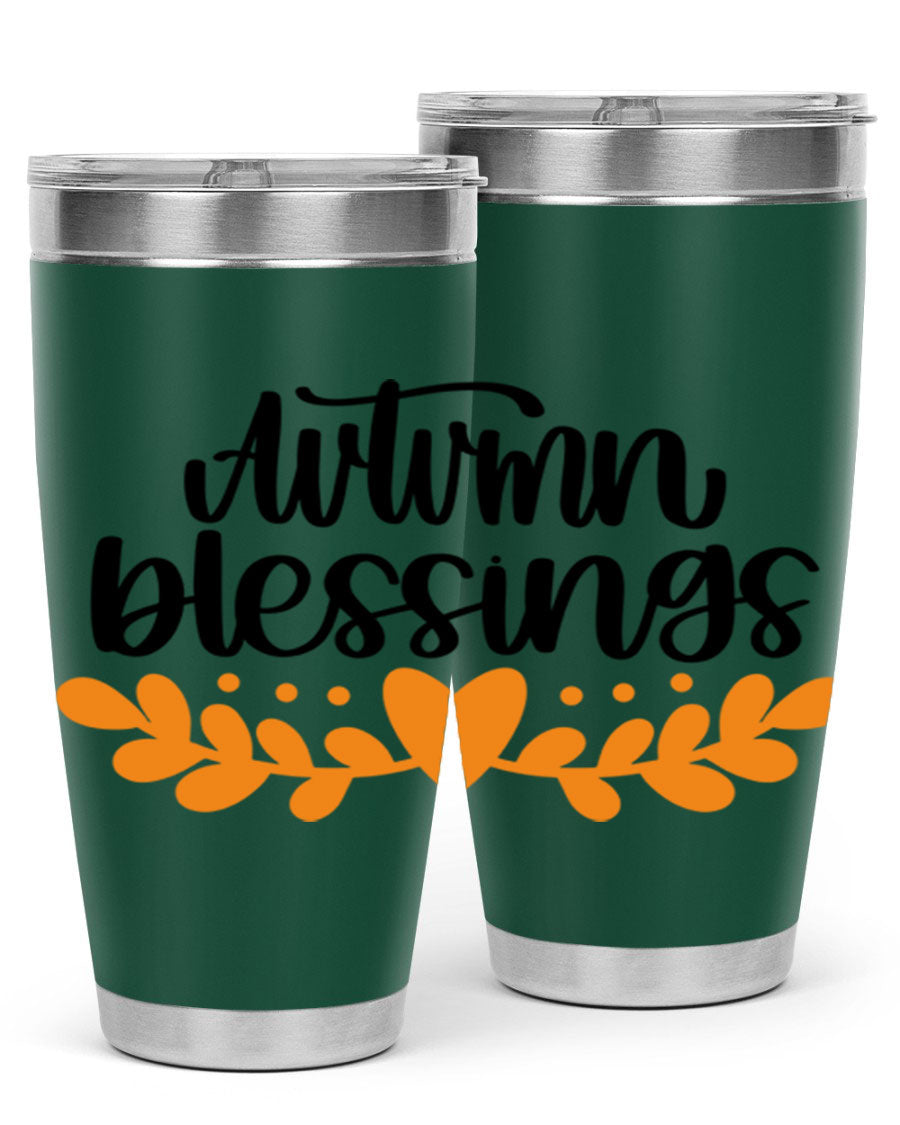 Autumn Blessings 472# 20oz tumbler featuring a double wall vacuum design, copper lining, and a drink-thru lid, perfect for hot and cold beverages.