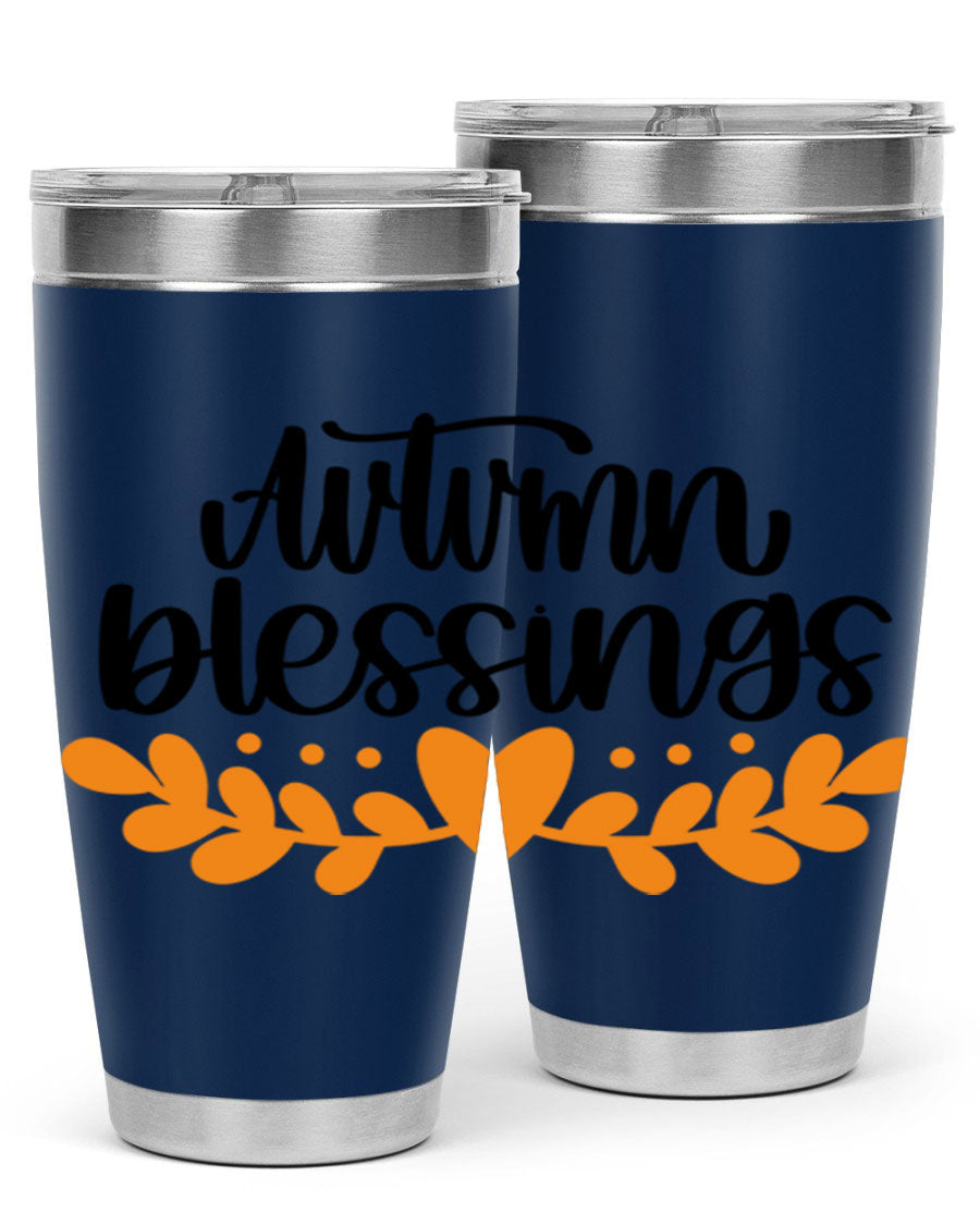 Autumn Blessings 472# 20oz tumbler featuring a double wall vacuum design, copper lining, and a drink-thru lid, perfect for hot and cold beverages.