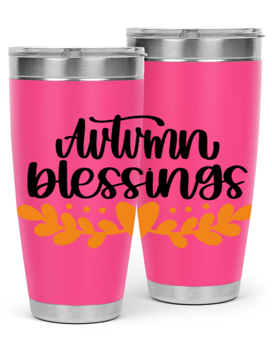 Autumn Blessings 472# 20oz tumbler featuring a double wall vacuum design, copper lining, and a drink-thru lid, perfect for hot and cold beverages.