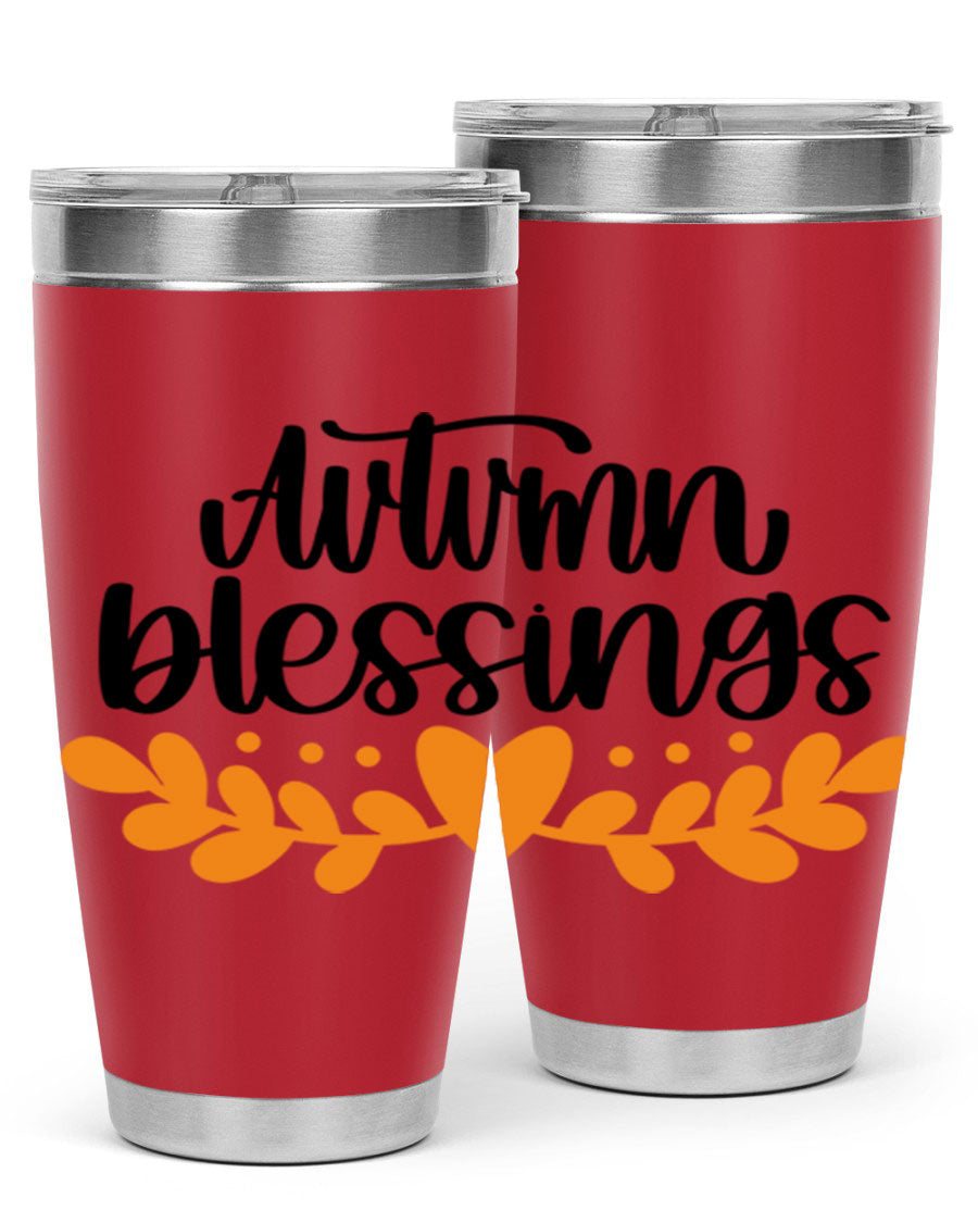 Autumn Blessings 472# 20oz tumbler featuring a double wall vacuum design, copper lining, and a drink-thru lid, perfect for hot and cold beverages.