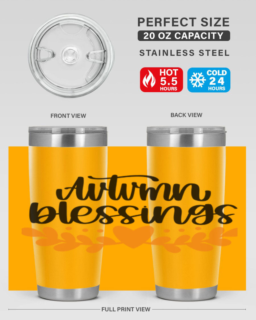 Autumn Blessings 472# 20oz tumbler featuring a double wall vacuum design, copper lining, and a drink-thru lid, perfect for hot and cold beverages.