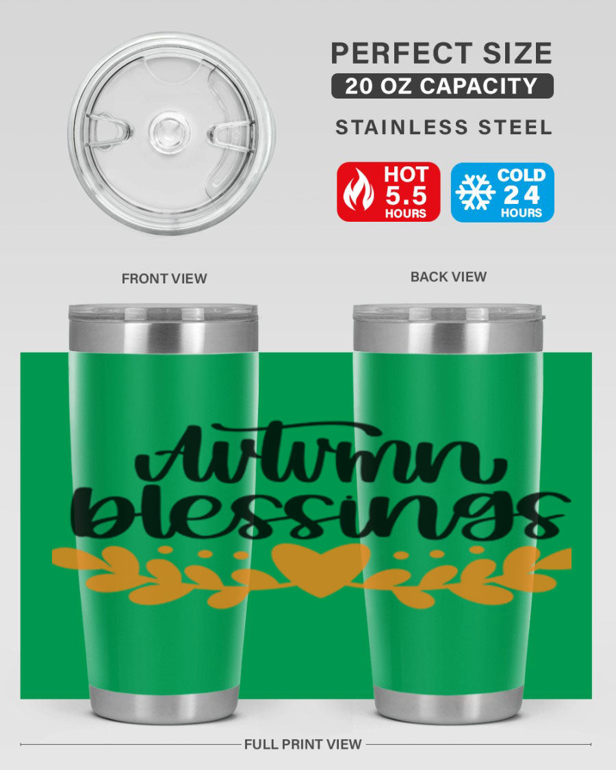 Autumn Blessings 472# 20oz tumbler featuring a double wall vacuum design, copper lining, and a drink-thru lid, perfect for hot and cold beverages.