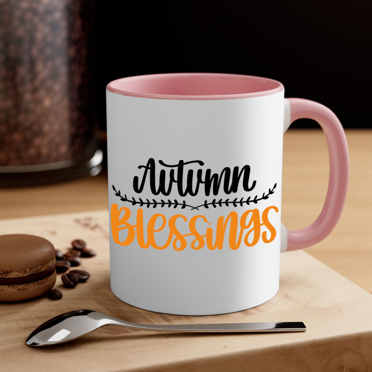 Autumn Blessings Mug featuring a two-tone design with a colored handle and glossy finish, available in multiple colors.