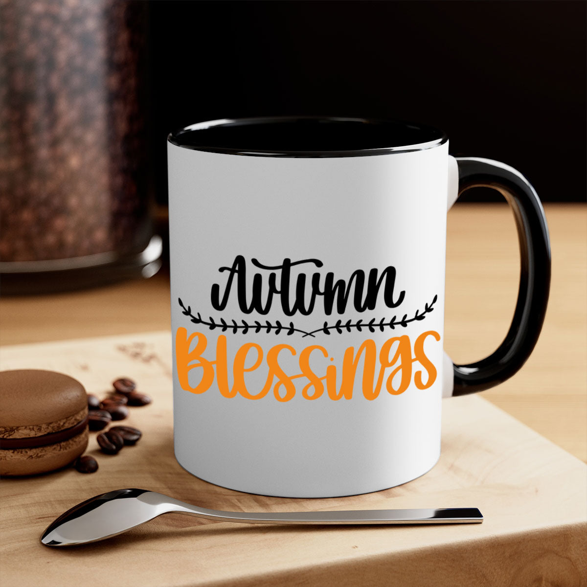 Autumn Blessings Mug featuring a two-tone design with a colored handle and glossy finish, available in multiple colors.