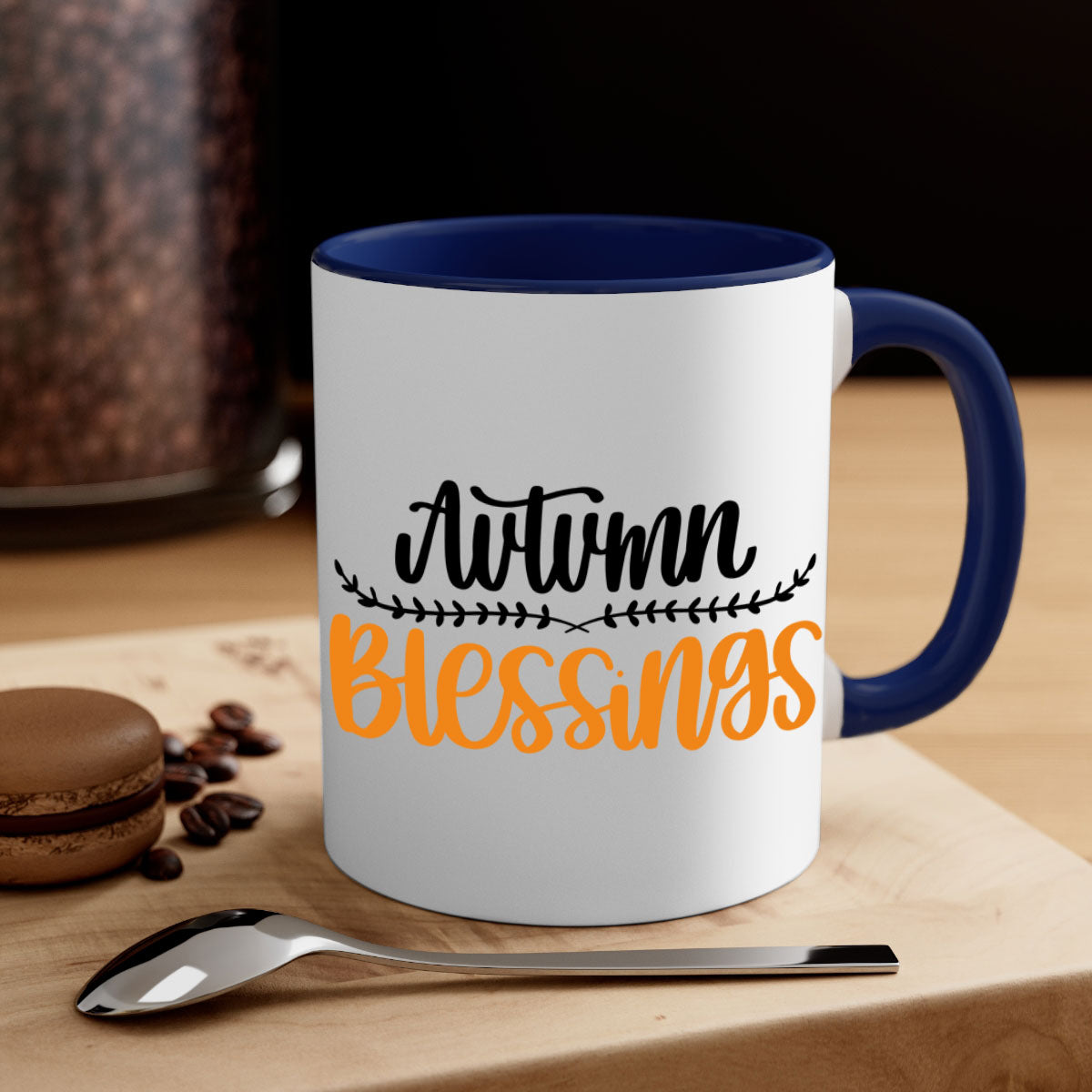 Autumn Blessings Mug featuring a two-tone design with a colored handle and glossy finish, available in multiple colors.