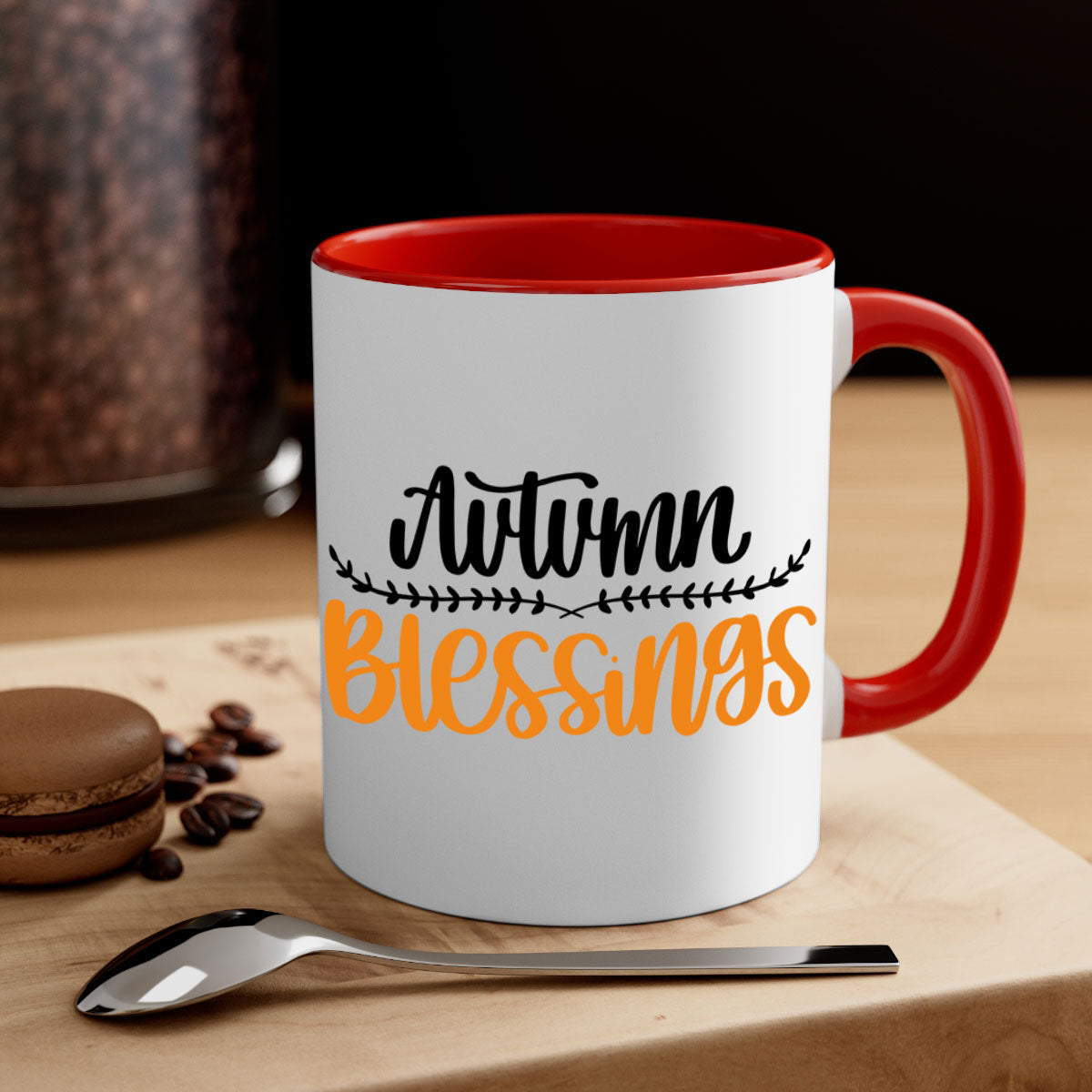 Autumn Blessings Mug featuring a two-tone design with a colored handle and glossy finish, available in multiple colors.