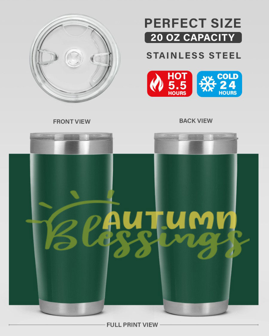 Autumn Blessings 20oz Tumbler featuring a stylish design, double wall vacuum insulation, and a drink-thru lid, perfect for Thanksgiving.