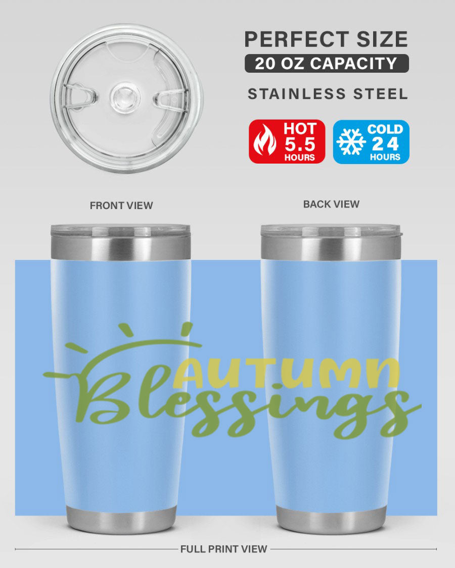 Autumn Blessings 20oz Tumbler featuring a stylish design, double wall vacuum insulation, and a drink-thru lid, perfect for Thanksgiving.