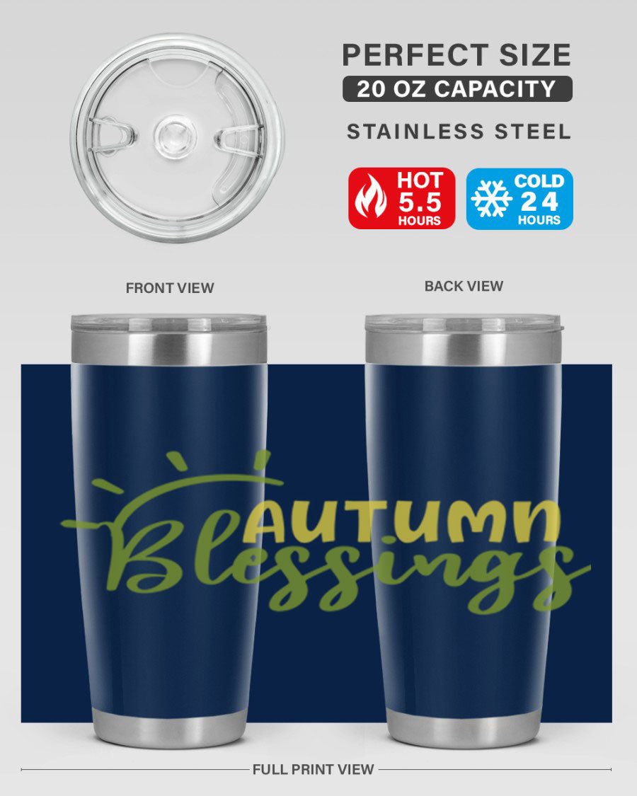 Autumn Blessings 20oz Tumbler featuring a stylish design, double wall vacuum insulation, and a drink-thru lid, perfect for Thanksgiving.